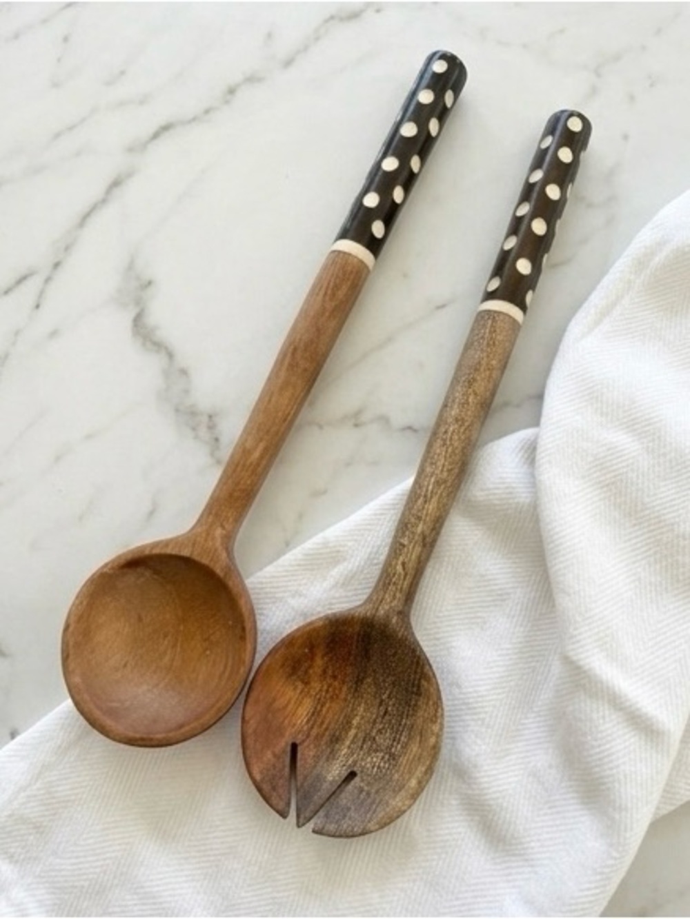 Polka Dot Handle Wooden Salad Serving Spoon and Fork Set - Brown - Picture 3 of 7